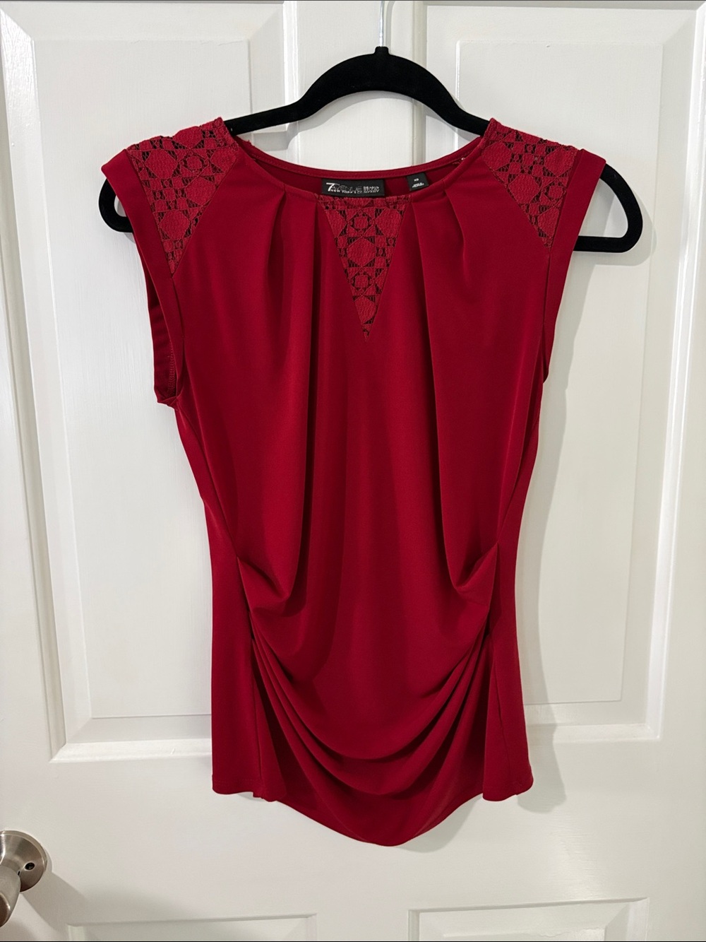 Sleeveless Burgundy Lace-Trim Draped Shell by Zac & Rachel
